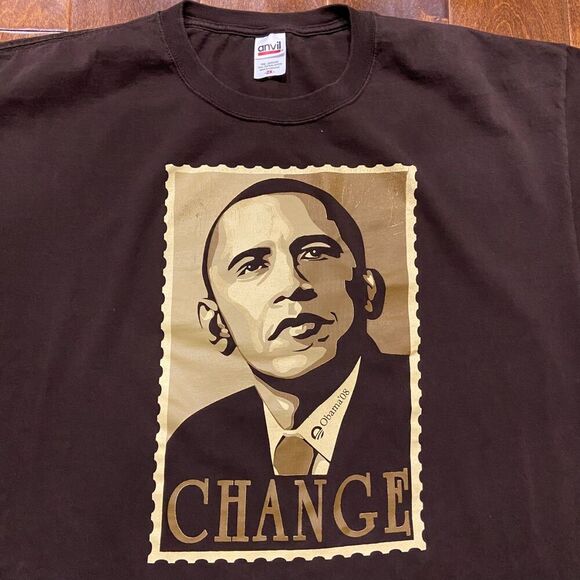 Anvil Vintage Barack Obama Change Stamp Logo Brown Cotton Shirt Men's Size XXL - Picture 2 of 8